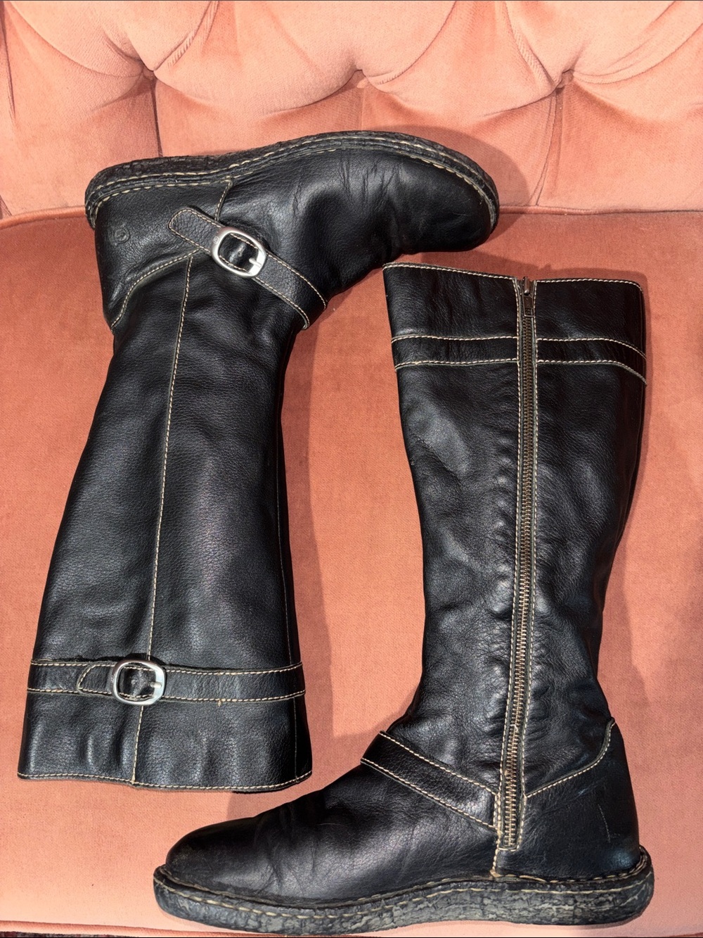 BORN black leather boots knee high zip up boots double strap detail winter boot - Picture 2 of 13